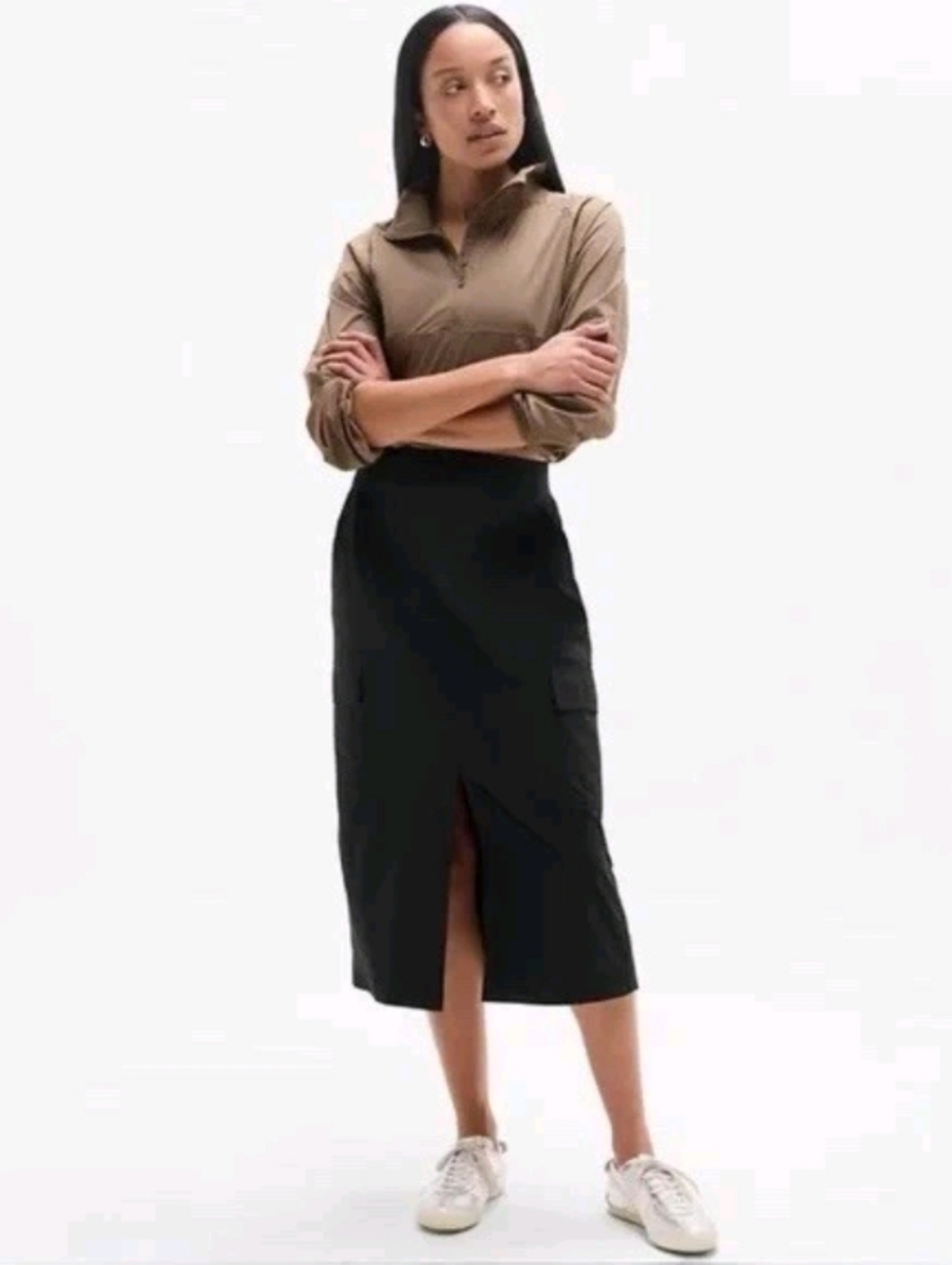 Athleta Brooklyn Heights Black High Rise Cargo Skirt Size 12 Midi Length Utility
